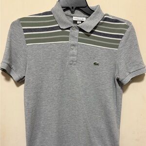 Lacoste Grey Striped Shoulder Panel Polo Shirt Size Small Crocodile Logo